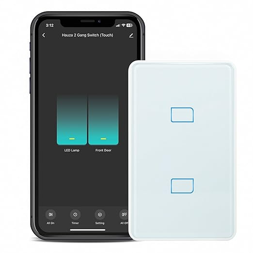 HAUZA Smart Light Switch BLE (Bluetooth) - 2 Gang Touch Panel, Hybrid Wiring (Neutral/no Neutral)-Smart Life App, Compatible with Voice Assistants and Internet Features Through Hauza Gateway
