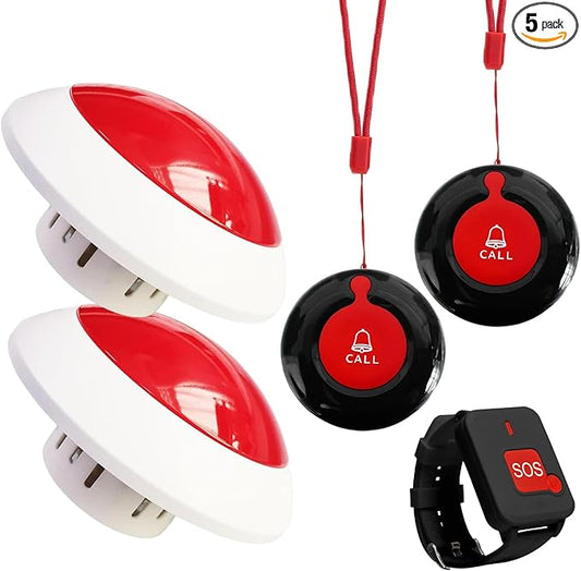 Wireless Caregiver Pager System - 2 Receivers with Strobe Light 3 Waterproof Transmitters (2 Lanyard/1 Watch SOS Button) Emergency Alert for Elderly Patients Home Care Hospitals No Monthly Fee