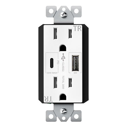 TOPGREENER USB Outlet Receptacle,36W USB Type C Wall Outlet, White, 1Pack | Power Delivery 15Amp Duplex Tamper-Resistant Receptacle, UL Listed, USB C Outlet for Smartphone,Tablet,Laptop,TU215PD30AC-W
