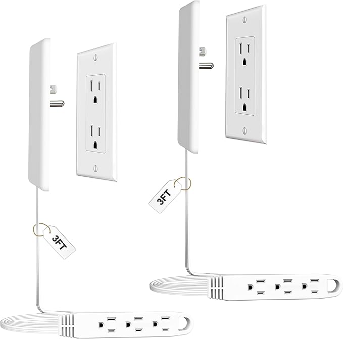 CABOCASA 2 Pack 3FT Flat Plug Extension Cord Power Strip with 3 Outlets, Patented Detachable Ultra-Thin Outlet Cover Concealer & Ultra-Flat Plug, Max. 13A 125V 1625W ETL Listed, White Color