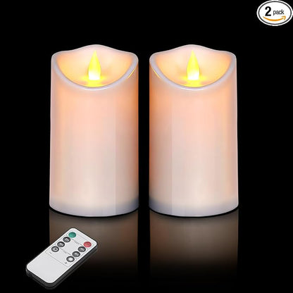 Flameless Candles 4" 5" 6" Outdoor Indoor Pillars Battery Operated Flickering Candles Include 10-Key Remote Timer 400+ Hours by 2 AA Batteries (White Candle - Warm light, 3"D x 6" H - 2 Pack)