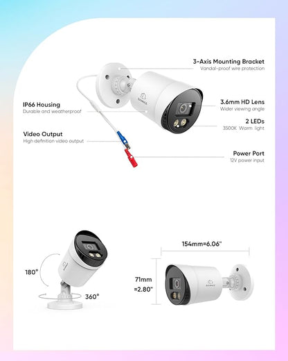 SANNCE Full Color Night Vision Security Camera, 4pcs 1080P TVI Wired CCTV Surveillance Camera for Home, Indoor Outdoor Use, Built-in 3500K Smart Warm Spotlight LED, 4 Cameras with Adapter & Cables