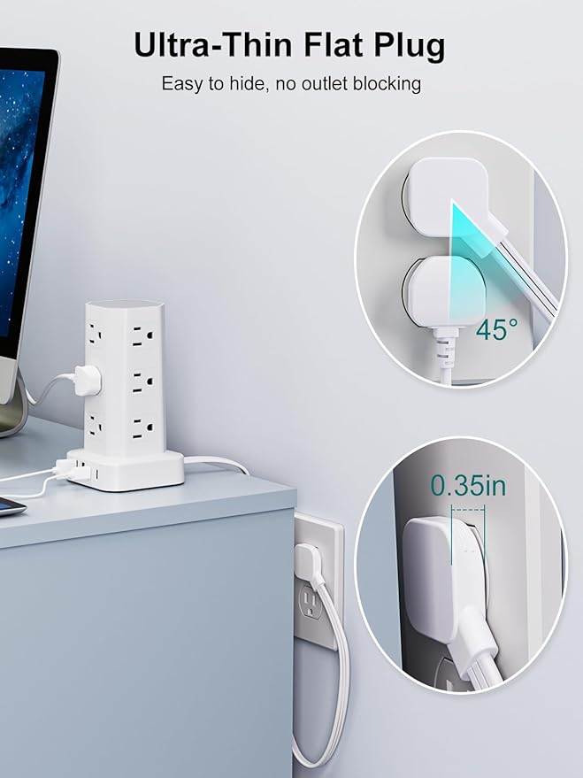 Power Strip Tower Surge Protector, 6FT Flat Plug Extension Cord with Multiple Outlets, 12 AC Outlets 4 USB (2 USB C), Desktop Charging Station with Surge Protection for Home Office Dorm Room, White