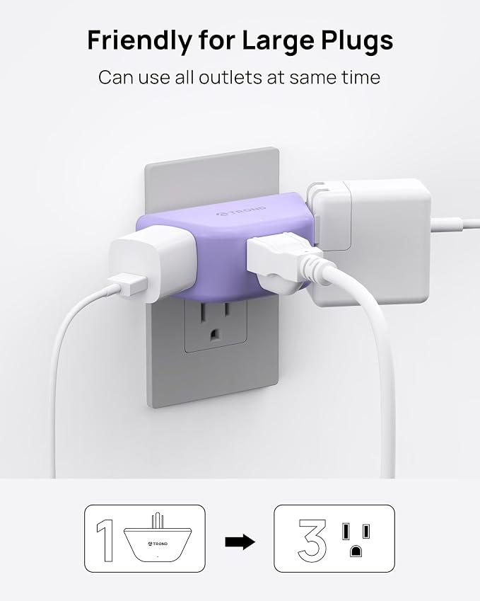 TROND Purple Outlet Extender with 3 Way Angled, for Tight Spaces | 3-Prong Grounded Outlet Adapter, Cruise Ship Essentials, Compact and Practical, for Bathroom and Kitchen