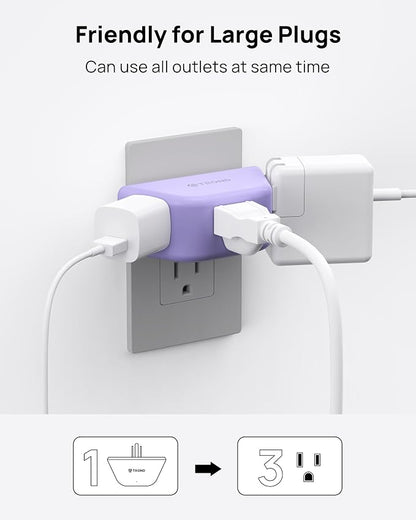 TROND Purple Outlet Extender with 3 Way Angled, for Tight Spaces | 3-Prong Grounded Outlet Adapter, Cruise Ship Essentials, Compact and Practical, for Bathroom and Kitchen