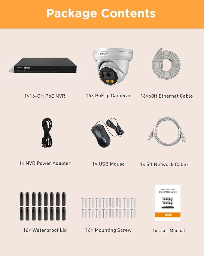 16 Channel Security Camera System, 16x 5MP Wired IP PoE Dome Camera with Spotlight Color Night Vision, AI Human Detection, Built-in Mic, Remote Access, 4K 16CH NVR 4TB HDD, PD93BA1616-5MD