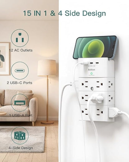 Addtam Multi Plug Wall Outlet, Surge Protector Wall Mount with 12 Outlet Extender 4 Sides and 3 USB Ports (PD 20W), Outlet Splitter Power Strip for Home Office Dorm Room Essentials, White