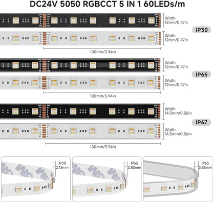 BTF-LIGHTING RGBCCT LED Strip UL Listed 16.4ft 60LED/m 300LED DC24V IP65 | White LED Tape 12mm wide 5 Colors in 1 RGB+Dimmable Tunable Color Temperature 2700K-6500K for Decor(No Adapter or Controller)