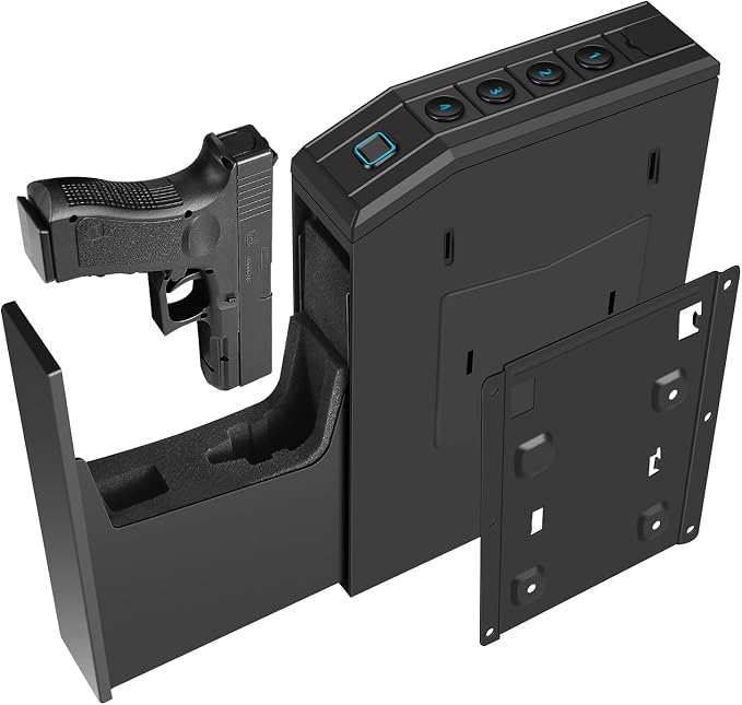 Hidden Gun Safe for Pistols, Biometric Fingerprint Smart Slider Handgun Safe for Nightstand, Desk, Bedside, Wall,Truck -Auto Sliding Door- Fingerprint, PIN Code, KEY Access (Black-Biometric)