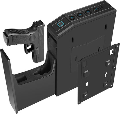 Hidden Gun Safe for Pistols, Biometric Fingerprint Smart Slider Handgun Safe for Nightstand, Desk, Bedside, Wall,Truck -Auto Sliding Door- Fingerprint, PIN Code, KEY Access (Black-Biometric)