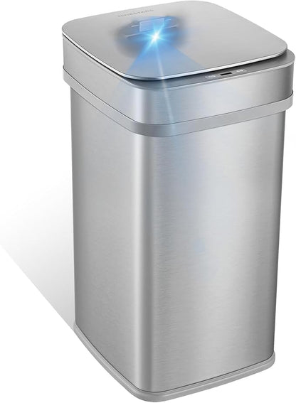 Ninestars 13 Gallon Odor Neutralizing Smart Trash Can, UV + Ozone Dual Purification, Odor Control Motion Sensor Garbage Bin, Universal Power Adapter, ONT-50-82SL Stainless Steel, Silver, Nova Series