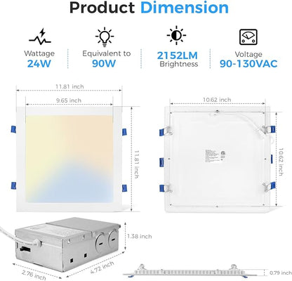 HONZIN 1 Pack 12 Inch Square Recessed Lighting, 5CCT Ultra-Thin LED Downlight, 2700K/3000K/3500K/4000K/5000K Selectable, Dimmable, 24W, IC Rated Canless Ceiling Lights with Junction Box, White Trim