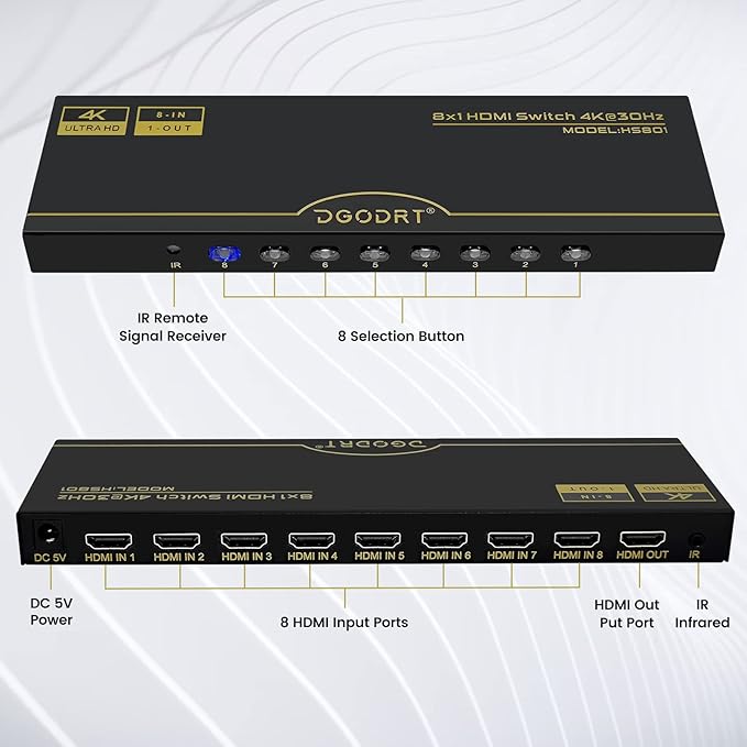 DGODRT 8×1 HDMI Switch 8 in 1 Out, 8 Port 4K HDMI Switcher Selector Box with IR Remote Control, Support 4K@30Hz Ultra HDR HDCP 3D 1080P for Xbox PS4 PC Laptop