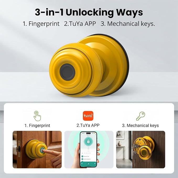 Smart Fingerprint Door Lock Knob, Tuya App Keyless Entry, Yellow | Biometric Handle, Auto Lock, Remote Access, Backup Key, Easy Installation
