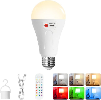 5000mAh Rechargeable Light Bulbs with Remote, E26 A21 Wireless Battery Operated LED Light Bulbs for Lamp, 12 RGB Dimmable Color Changing Light Bulb for Outdoor Use, 1 Pack