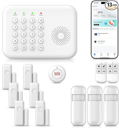 2026 Home Security System,13 Piece No Monthly Fees with Phone & Remote Control WiFi+4G Alarm System Kit,Instant App Alerts and Compatible with Alexa,Door/Window Sensors,SOS Button,for Smart Life
