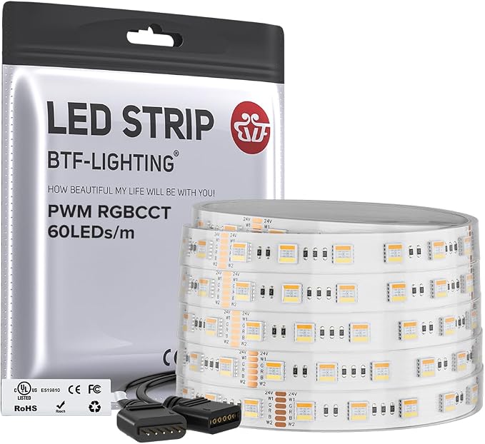 BTF-LIGHTING RGBCCT LED Strip UL Listed 16.4ft 60LED/m 300LED DC24V IP67 | White LED Tape 12mm wide 5 Colors in 1 RGB+Dimmable Tunable Color Temperature 2700K-6500K for Decor(No Adapter or Controller)
