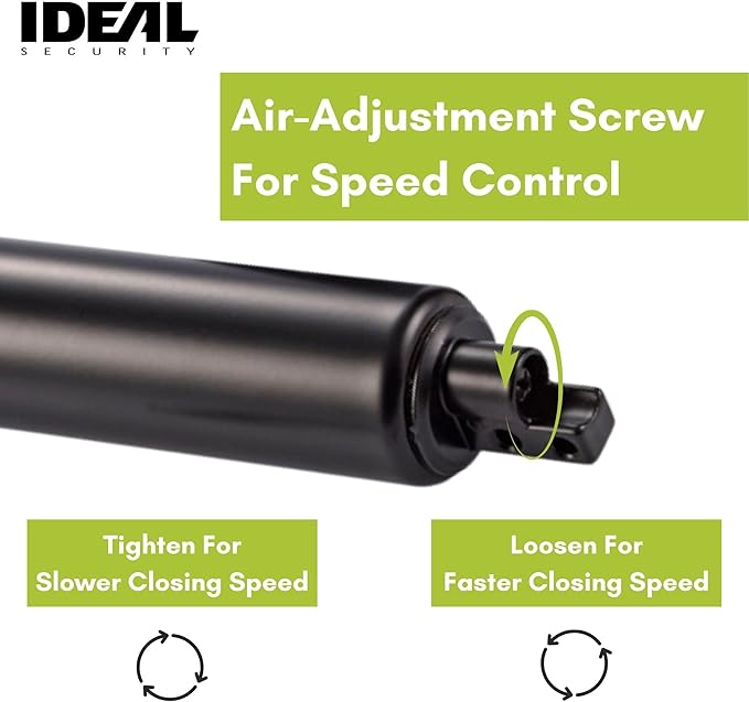 Ideal Security Model 9 Standard Duty Pneumatic Storm and Screen Door Closer, 10.5" L x 1.25" W x 1.25" H, Adjustable Speed, Smooth Closing for Lightweight to Medium Doors, Easy Install, Black