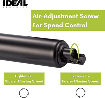 Ideal Security Model 9 Standard Duty Pneumatic Storm and Screen Door Closer, 10.5" L x 1.25" W x 1.25" H, Adjustable Speed, Smooth Closing for Lightweight to Medium Doors, Easy Install, Black