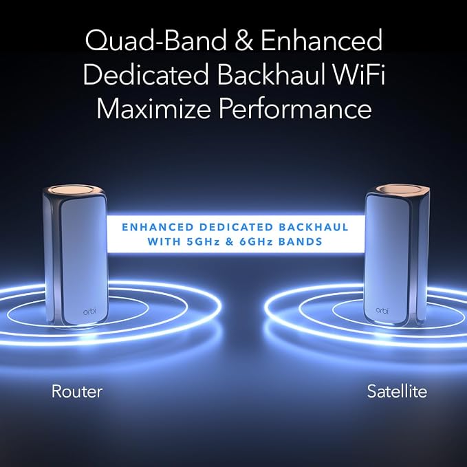 NETGEAR Orbi 970 Series (2026 Release) WiFi 7 Mesh System, 3 Pack | Router + 2 Satellite Extenders, up to 10,000 sq ft, 27 Gbps, 200 Devices, Quad-Band, supports 10 Gig Internet plan, RBE973