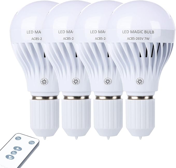 BSOD AC 85-265V 7W LED Magic Bulb with Remote Controller White Emergency Light with Rechargeable Built-in Battery E27 Lamp for Home Indoor Lighting (White 4 Pack)