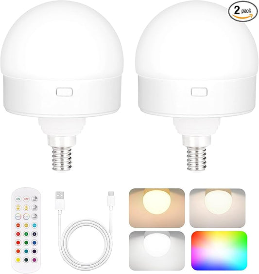 Yochoice 2-Pack E12 Rechargeable Battery Operated Light Bulb with Remote, Dimmable LED Bulb with 15 Colors Selectable & 3 Timer, Wireless Detachable Puck Light Bulb for Wall Sconce, Non-Hardwired