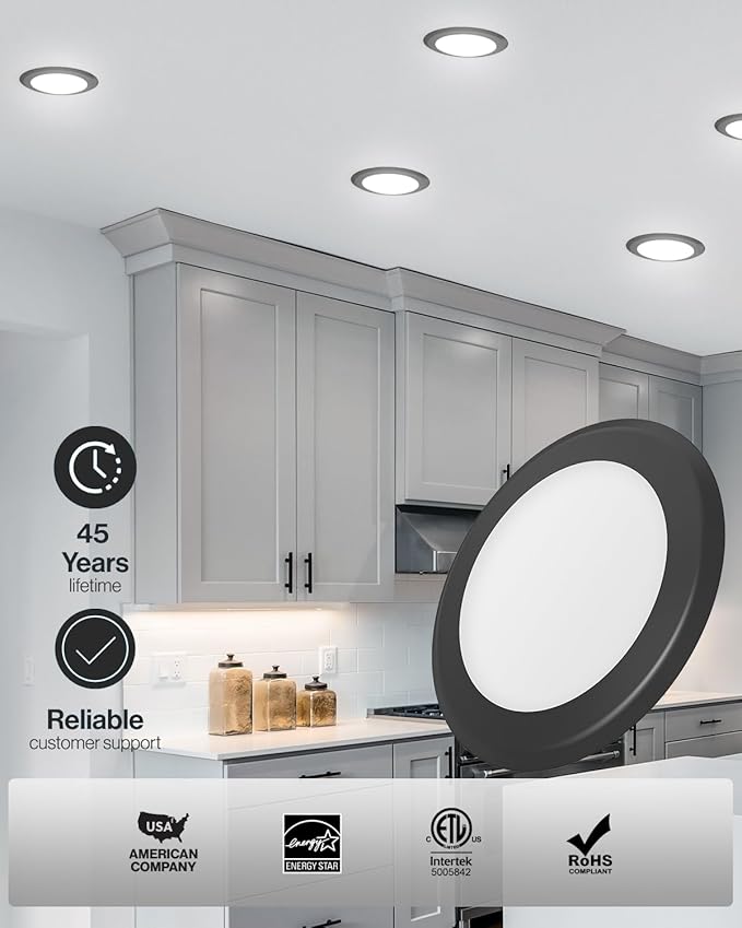 Sunco 12 Pack 6 Inch LED Disk Lights, Flush Mount Black Disc Recessed Ceiling Can Lighting, 1050 LM, Selectable CCT 2700K/3000K/4000K/5000K/6000K, Dimmable, 15W=100W, Wet Rated ETL