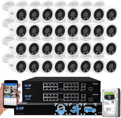 GW Security 32 Channel 4K NVR 8MP AI Face Recognition AcuSeach Security Camera System with 32 UHD 4K 2160P Full-Time Color Night Vision PoE Outdoor/Indoor Waterproof Mic IP Security Bullet Cameras
