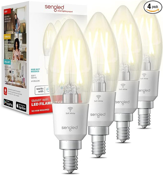 Sengled Smart Light Bulbs, Smart Candelabra LED Bulb, Dimmable Chandelier Light Bulbs, 5W (40W Equivalent) 450LM, Smart Bulbs That Work with Alexa Google, Only 2.4GHz WiFi, No Hub Required, 4 Pack