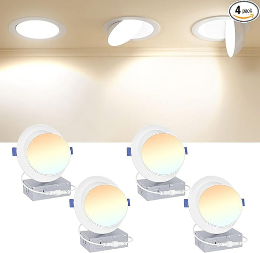 Ensenior 4 Pack 6 inch Gimbal Led Recessed Lighting, 90° Rotatable and 5CCT Selectable, Dimmable Eyeball Recessed Lights, Angled Adjustable Ceiling Downlight, 1200LM, 12W=115W-ETL&FCC Certified