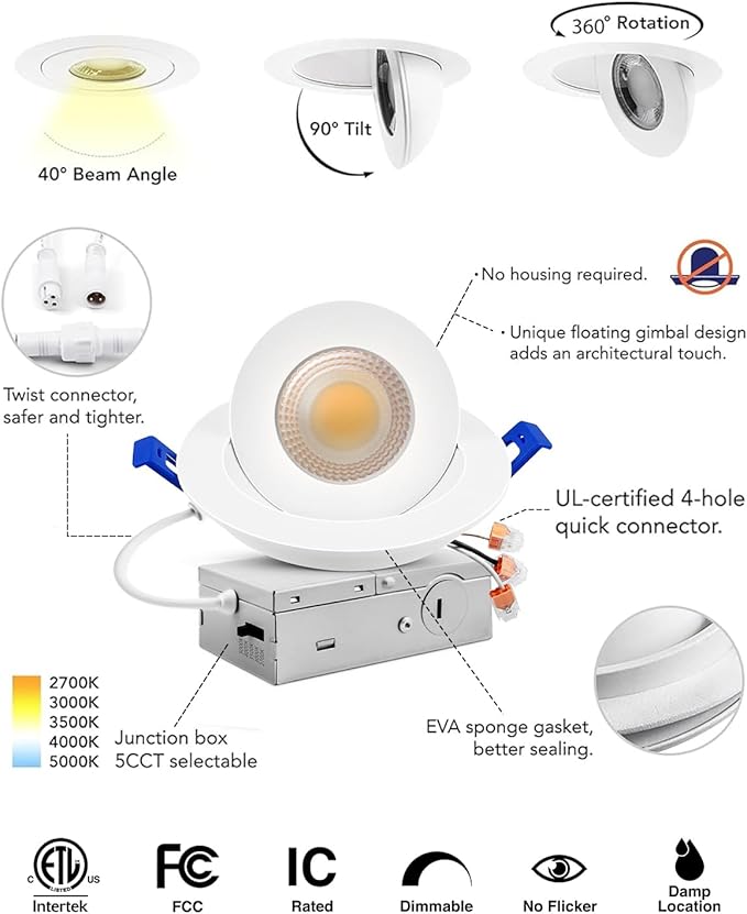 Adetu 4 Inch Gimbal LED Recessed Lights, 360+90 Adjustable Directional Recessed Lighting, 2700K/3000K/3500K/4000K/5000K Dimmable Retrofit Eyeball Can Lights with Jbox, ETL, White, 12 Pack