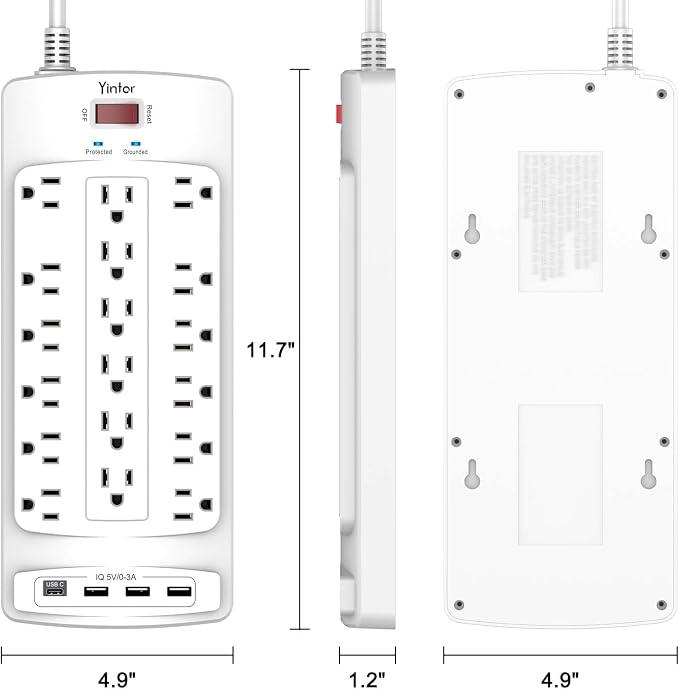 Yintar 10Ft Surge Protector Power Strip with 18 Outlets and 4 USB Ports | 10 Feet Flat Plug Heavy Duty Extension Cord with Multiple Outlets for Home, Office, Dorm Essentials, 2100 Joules, ETL, White