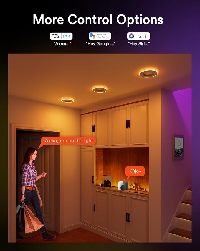 Smart Retrofit LED Recessed Lighting 6Inch, RGBAICW Can Lights, 4Pack | Wi-Fi Bluetooth Connect, Round White Option+Ring Color Lighting, Alexa/Tuya Control, Anti-Glare Baffle Trim, Fit for 6'' Can