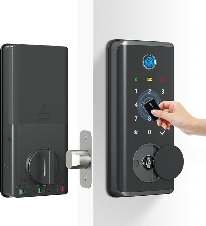 Smart Door Lock with Fingerprint & Keyless Entry, Tuya Smart Devices Compatible, Bluetooth Touchscreen Keypad, for Home Security & Smart House Automation, Easy Installation for Wood Doors