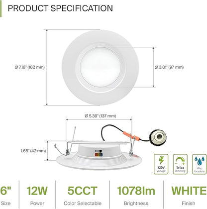 ASD 6 Pack Retrofit LED Recessed Lighting 6 Inch - 12W 2700K-5000K 1078LM Can Lights for Ceiling 6 Inch, Dimmable Recessed Lights, Baffle Trim Wet Rated Wafer Lights, ETL, Energy Star