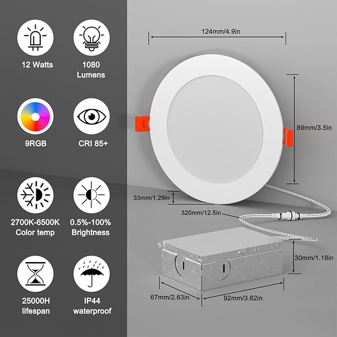 Recessed Lighting 4 Inch RGBCW Color Changing 12W LED Downlights with Junction Box,1080Lumens Canless LED Recessed Ceiling Lights Dimmable by Remote Control, Dual Memory,Timer,Delayed Off, ETL,1 Pack
