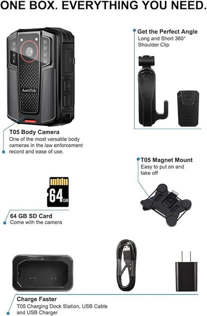 AeroTek Mini 4K Body Camera with Audio and Video Recording, GPS Bodycam with Ultra Infrared Night Vision and Fast Charging for Police, Law Enforcement and Delivery (128GB SD Card Set)