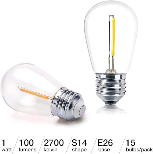 Brightech Ambience PRO Replacement LED Light Bulbs, 1 Watt LED Edison-Inspired Exposed Filaments Plastic Bulbs, S14 Energy Efficient Outdoor String Lights Bulbs - 15 Pack
