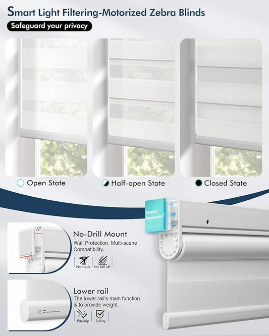 No Drill Motorized Zebra Blinds with Remote,Cordless Shades Dual Layer,Thermal Insulated Upgraded Shades(White,23" W x 72" H)
