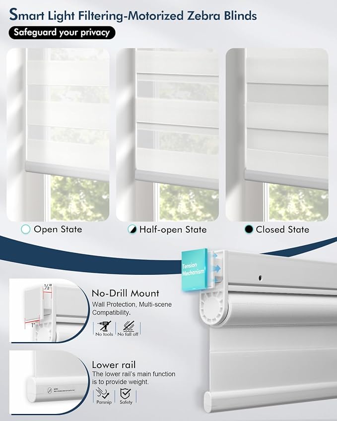 No Drill Motorized Zebra Blinds with Remote,Cordless Shades Dual Layer,Thermal Insulated Upgraded Shades(White,46" W x 72" H)