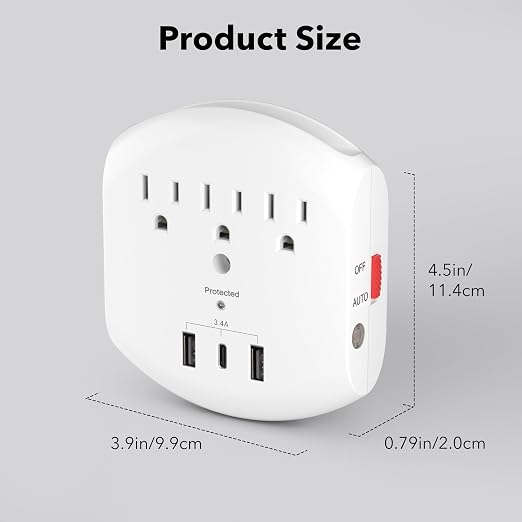 BN-LINK 3-Outlet Extender, Multi Plug Outlets with 3 USB Ports (3.4A Total), Dusk-to-Dawn Sensor Night Light, Surge Protector with Top Phone Holder, for Traveling, Home, School, Office