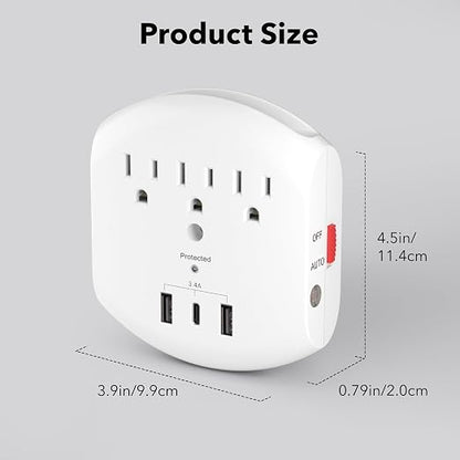 BN-LINK 3-Outlet Extender, Multi Plug Outlets with 3 USB Ports (3.4A Total), Dusk-to-Dawn Sensor Night Light, Surge Protector with Top Phone Holder, for Traveling, Home, School, Office