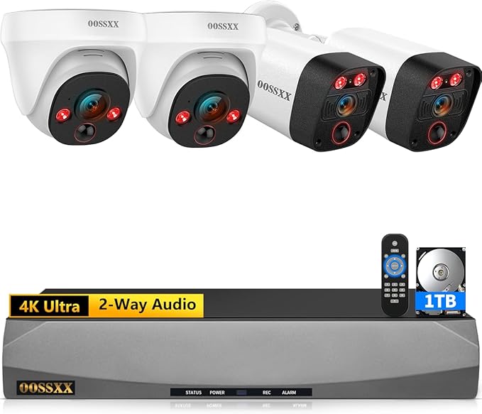 OOSSXX (2026 New) 4K PoE Security Camera System, 8CH NVR w/ 1TB HDD, 4pcs Wired Cameras (2 Dome + 2 Bullet), 130° Wide Angle, PIR Motion Detection, 2-Way Audio, No Monthly Fee App