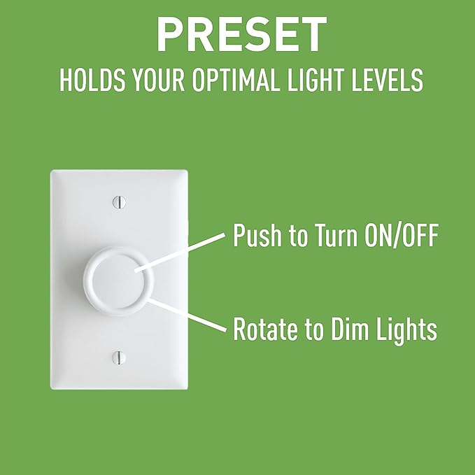 Legrand Pass & Seymour 600W Preset Rotary RFI Lighted Dimmer Light Switch, For Home Lighting & Ambient Mood Control, Incandescent & Halogen Bulbs, Single Pole, R600PLTKV, White, 1 Count