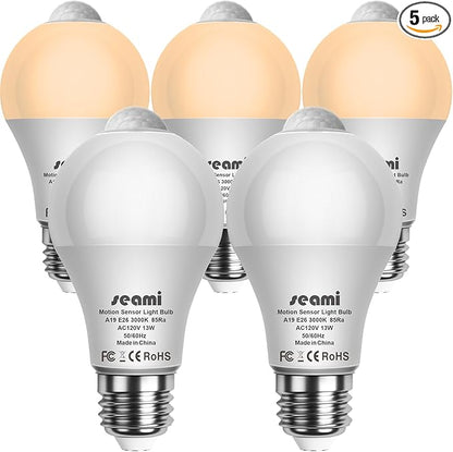 Motion Sensor Light Bulb, Indoor Motion Activation Detector Light Bulb, Dusk to Dawn Security Night Light A19 E26 13W Equivalent 100W 3000K Warm White, 5 Packs (A19PIRX301)