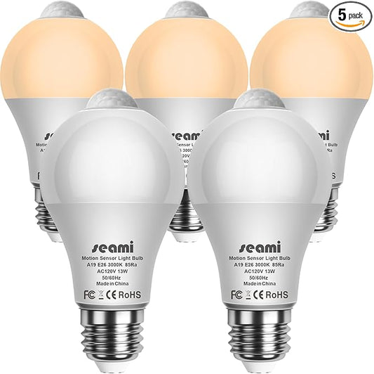 Motion Sensor Light Bulb, Indoor Motion Activation Detector Light Bulb, Dusk to Dawn Security Night Light A19 E26 13W Equivalent 100W 3000K Warm White, 5 Packs (A19PIRX301)