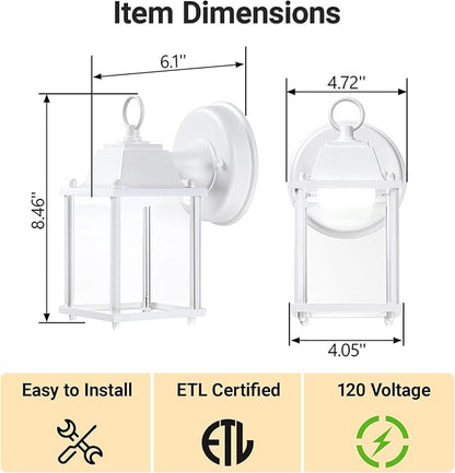 LIT-PaTH Outdoor LED Wall Lantern, Wall Sconce as Porch Light, 9.5W 800 Lumen, Aluminum Housing Plus Glass, 5000k-Matte White Finish, 2-Pack
