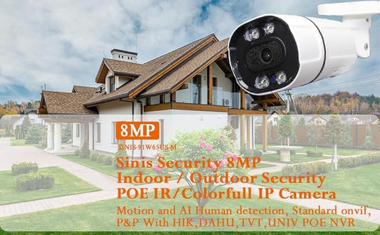Sinis 4K 8MP Outdoor Security IP Bullet PoE Camera, AI Human Motion Detection, Smart Dual Light Color Night Vision, Work with NVR, Weatherproof IP67, Wide Angle, Build in Mic