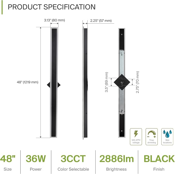ASD LED 48" Long Wall Mount Light Fixture, Outdoor & Indoor Linear Sconce | 3CCT, Dimmable, Waterproof, Anti-Rust, ETL Listed | 36W 2800LM 3000-5000K 100-277V | Exterior Porch Lighting | Black