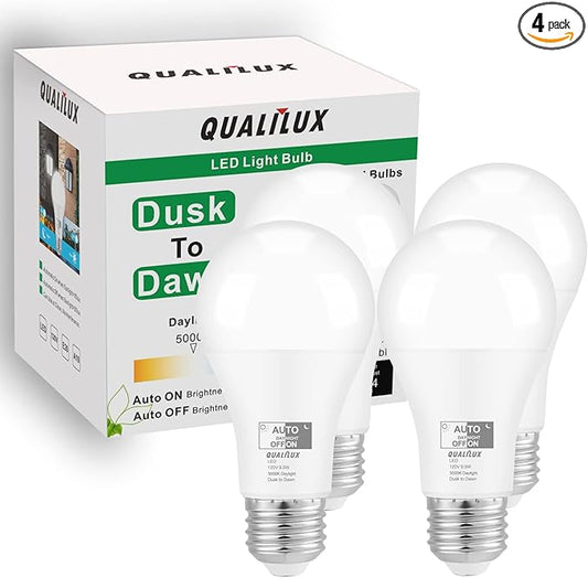 Qualilux Dusk to Dawn LED Light Bulbs Outdoor, Automatic On/Off, 60W Equivalent, Daylight 5000K, Energy Efficient 9.5W, 850 Lumen, A19, E26 Base, 4-Pack, HQ-H012